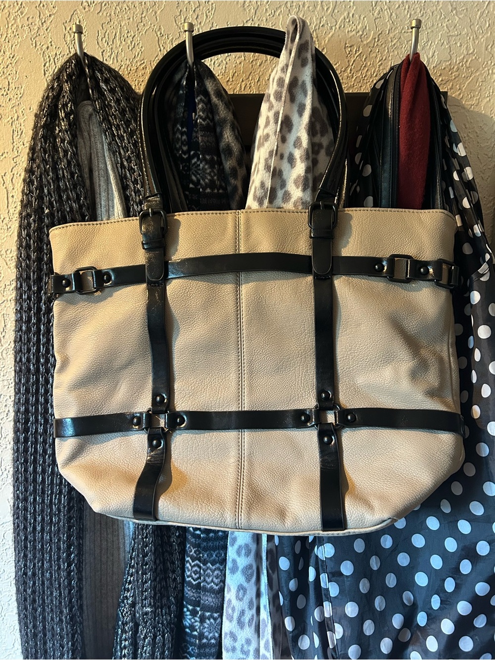 Big Buddha Beige Black Faux Leather-Trim Large Tote Bag